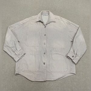 Zara Oversized Denim Striped Overshirt Women Sz M Light Pink Boho Preppy Jacket